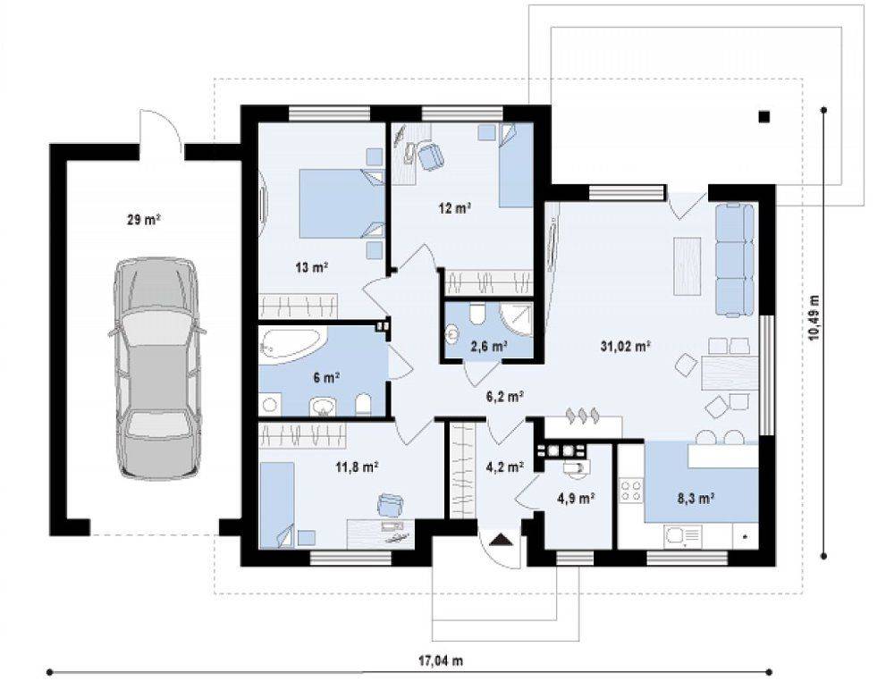 Проекты одноэтажных домов с гаражом для авто и самыми комфортными планировками - все о строительстве