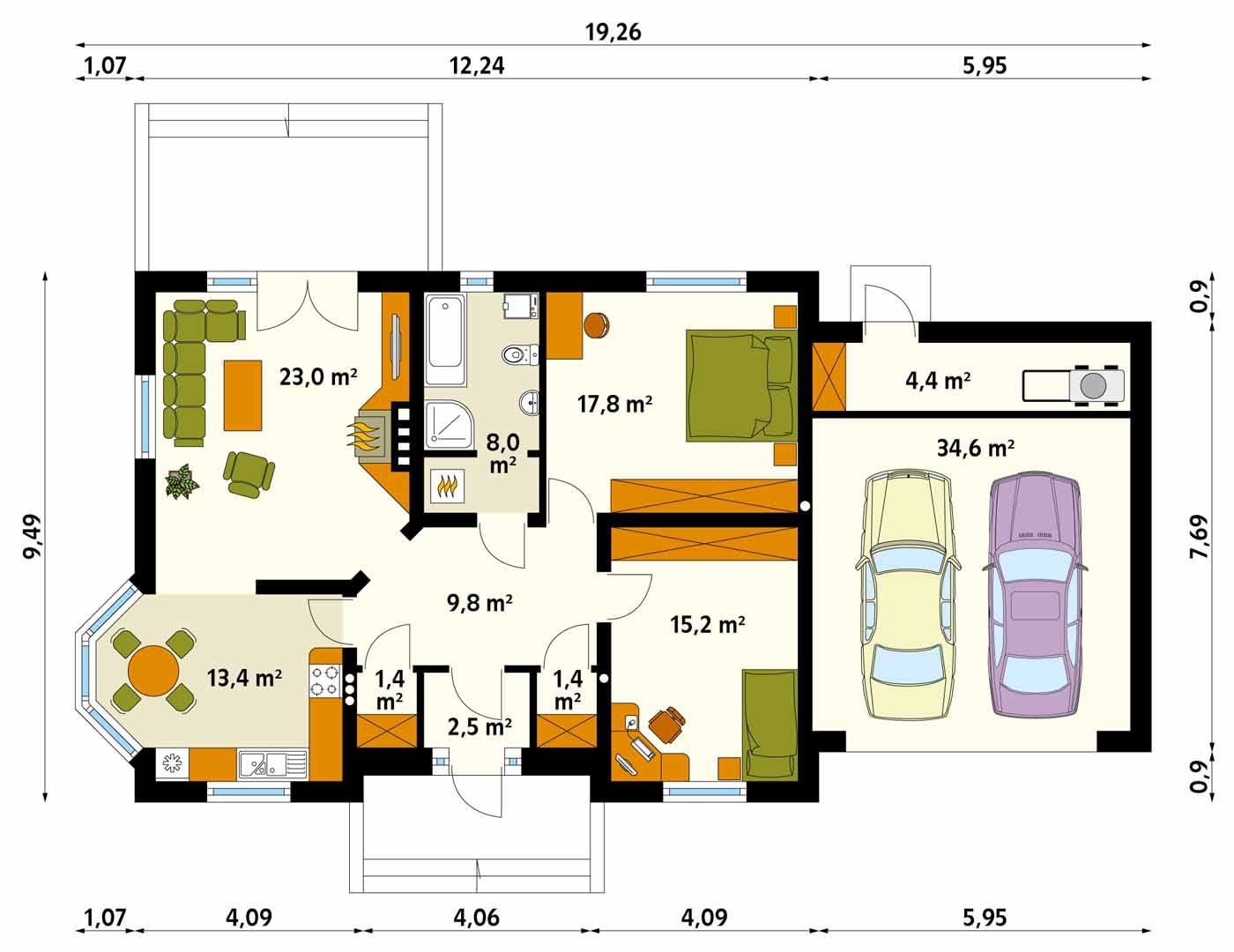 планировка дома с гаражом на 3 комнаты